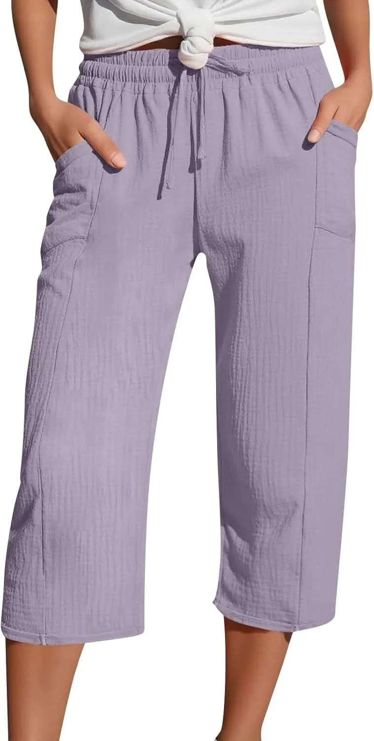 Wide Leg Capri Pants for Women Casual Summer Cotton Stretch Waist Pants Loose Comfy Drawstring Beach Capris with Pockets