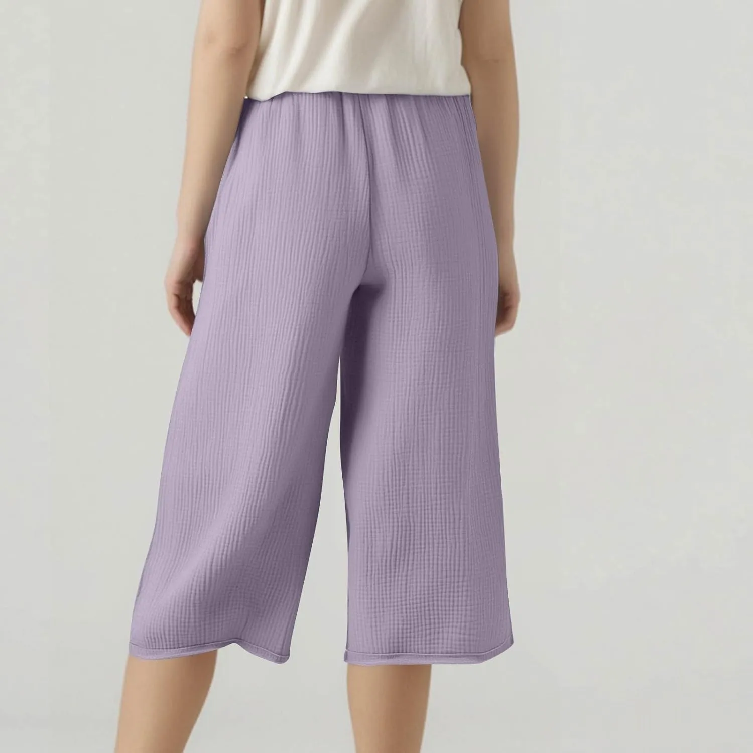 Wide Leg Capri Pants for Women Casual Summer Cotton Stretch Waist Pants Loose Comfy Drawstring Beach Capris with Pockets