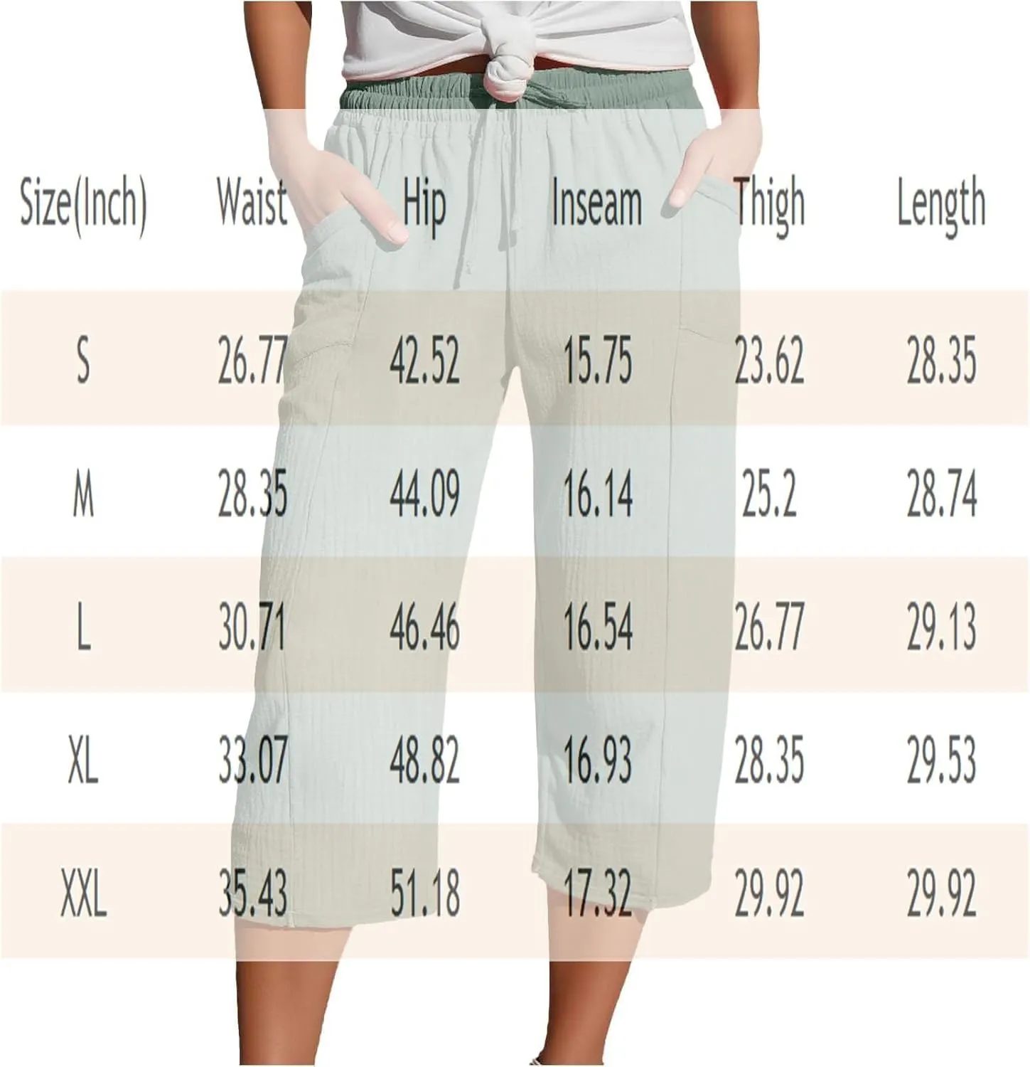 Wide Leg Capri Pants for Women Casual Summer Cotton Stretch Waist Pants Loose Comfy Drawstring Beach Capris with Pockets