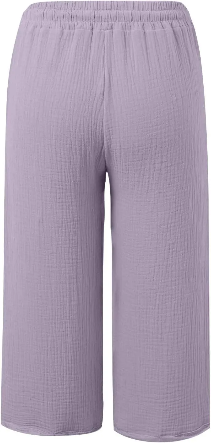 Wide Leg Capri Pants for Women Casual Summer Cotton Stretch Waist Pants Loose Comfy Drawstring Beach Capris with Pockets
