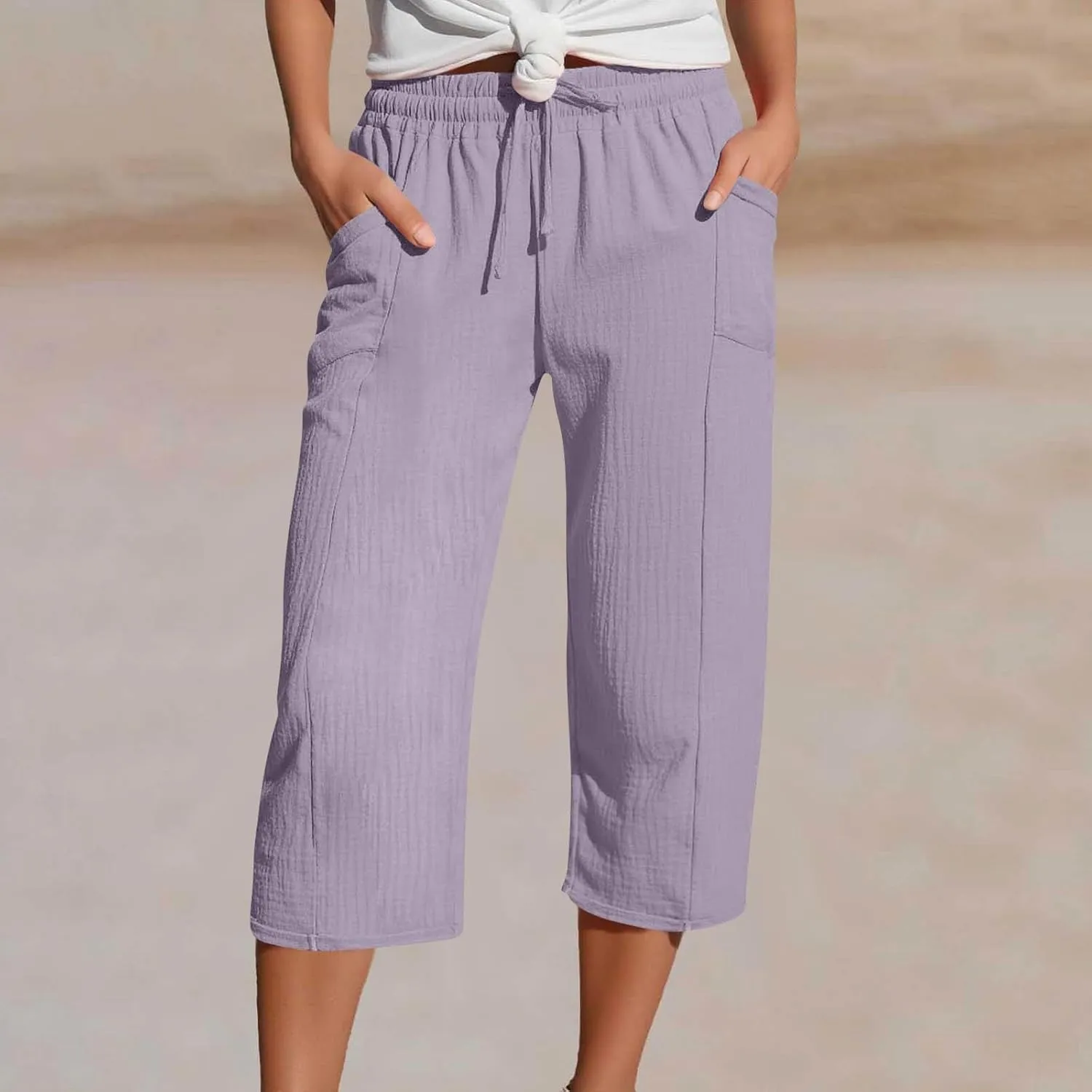 Wide Leg Capri Pants for Women Casual Summer Cotton Stretch Waist Pants Loose Comfy Drawstring Beach Capris with Pockets