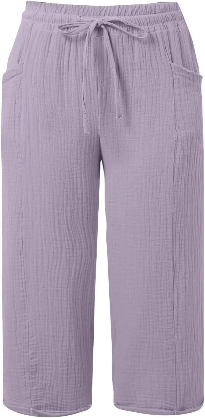 Wide Leg Capri Pants for Women Casual Summer Cotton Stretch Waist Pants Loose Comfy Drawstring Beach Capris with Pockets