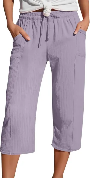 Wide Leg Capri Pants for Women Casual Summer Cotton Stretch Waist Pants Loose Comfy Drawstring Beach Capris with Pockets