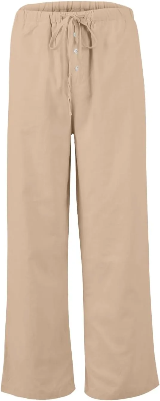 Wide Leg Linen Pants for Women Casual Summer Drawstring Waist Palazzo Pants with Pockets Beach Cover Up Trousers
