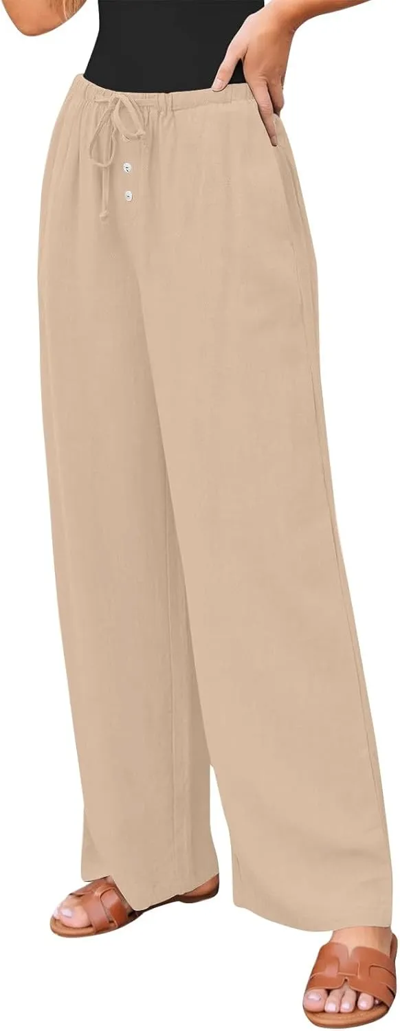 Wide Leg Linen Pants for Women Casual Summer Drawstring Waist Palazzo Pants with Pockets Beach Cover Up Trousers