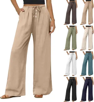 Wide Leg Linen Pants for Women Casual Summer Drawstring Waist Palazzo Pants with Pockets Beach Cover Up Trousers