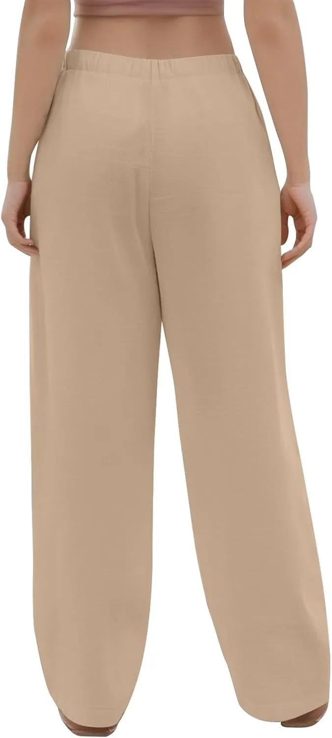Wide Leg Linen Pants for Women Casual Summer Drawstring Waist Palazzo Pants with Pockets Beach Cover Up Trousers