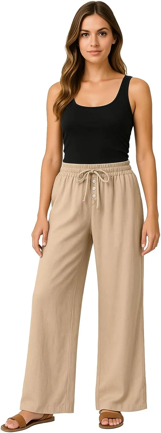 Wide Leg Linen Pants for Women Casual Summer Drawstring Waist Palazzo Pants with Pockets Beach Cover Up Trousers