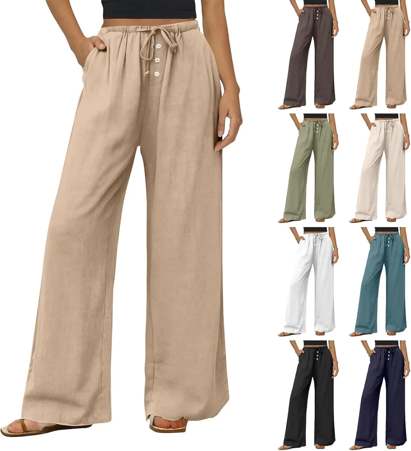 Wide Leg Linen Pants for Women Casual Summer Drawstring Waist Palazzo Pants with Pockets Beach Cover Up Trousers