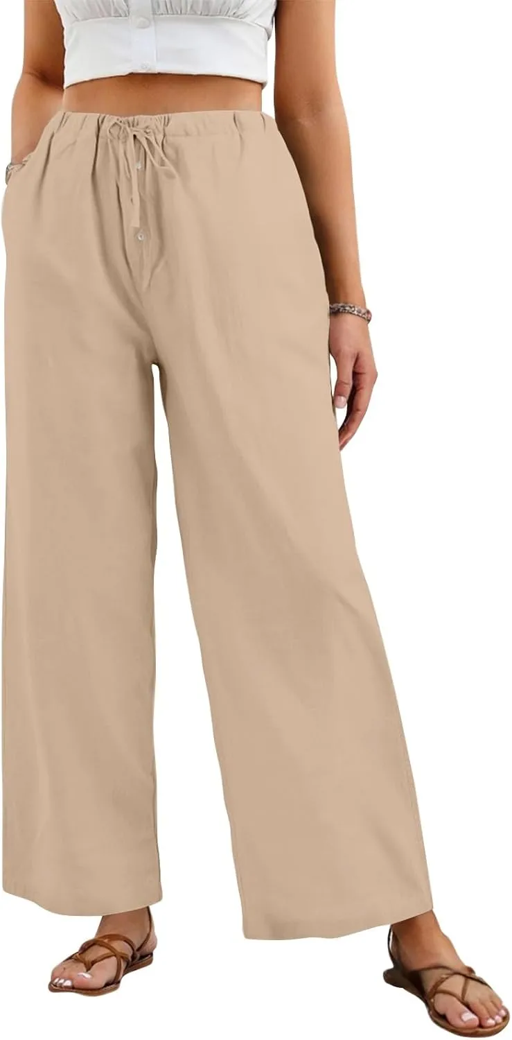 Wide Leg Linen Pants for Women Casual Summer Drawstring Waist Palazzo Pants with Pockets Beach Cover Up Trousers