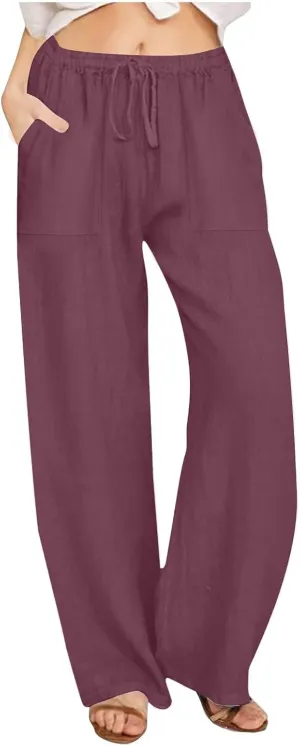 Wide Leg Linen Pants for Women Loose Summer Drawstring High Waist Casual Pants Vacation Lounge Trousers with Pockets