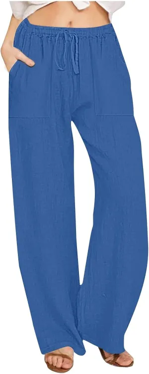 Wide Leg Linen Pants for Women Loose Summer Drawstring High Waist Casual Pants Vacation Lounge Trousers with Pockets