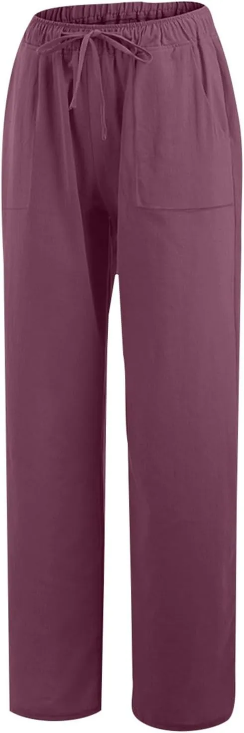 Wide Leg Linen Pants for Women Loose Summer Drawstring High Waist Casual Pants Vacation Lounge Trousers with Pockets