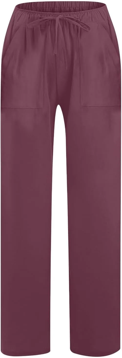 Wide Leg Linen Pants for Women Loose Summer Drawstring High Waist Casual Pants Vacation Lounge Trousers with Pockets