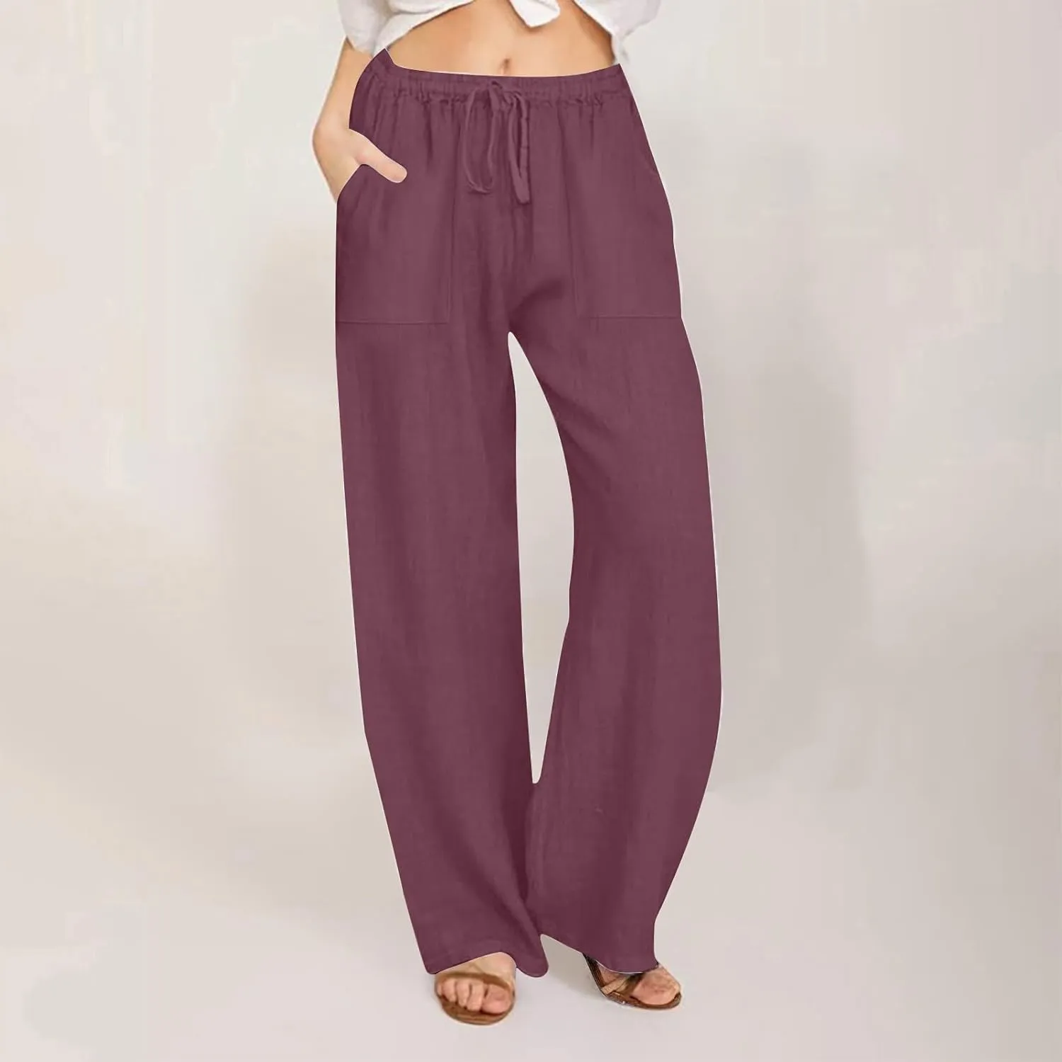 Wide Leg Linen Pants for Women Loose Summer Drawstring High Waist Casual Pants Vacation Lounge Trousers with Pockets