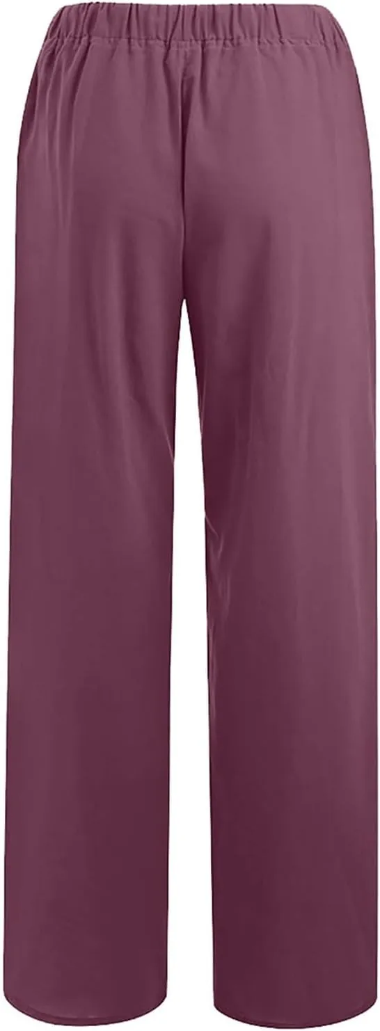 Wide Leg Linen Pants for Women Loose Summer Drawstring High Waist Casual Pants Vacation Lounge Trousers with Pockets