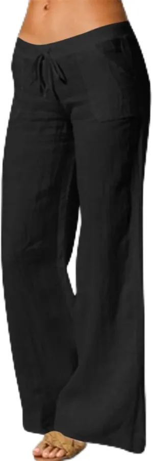 Wide Leg Linen Pants for Women Summer Casual Palazzo Flowy Boho Beach Pants Drawstring High Waist Palazzo Trousers
