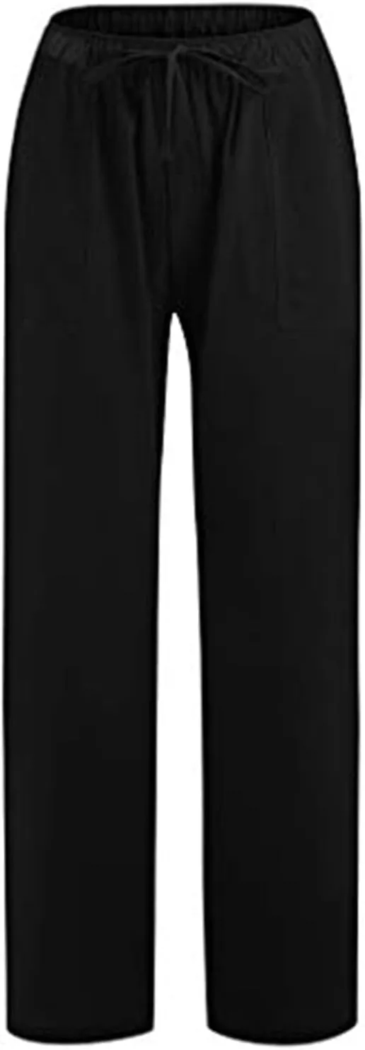 Wide Leg Linen Pants for Women Summer Casual Palazzo Flowy Boho Beach Pants Drawstring High Waist Palazzo Trousers