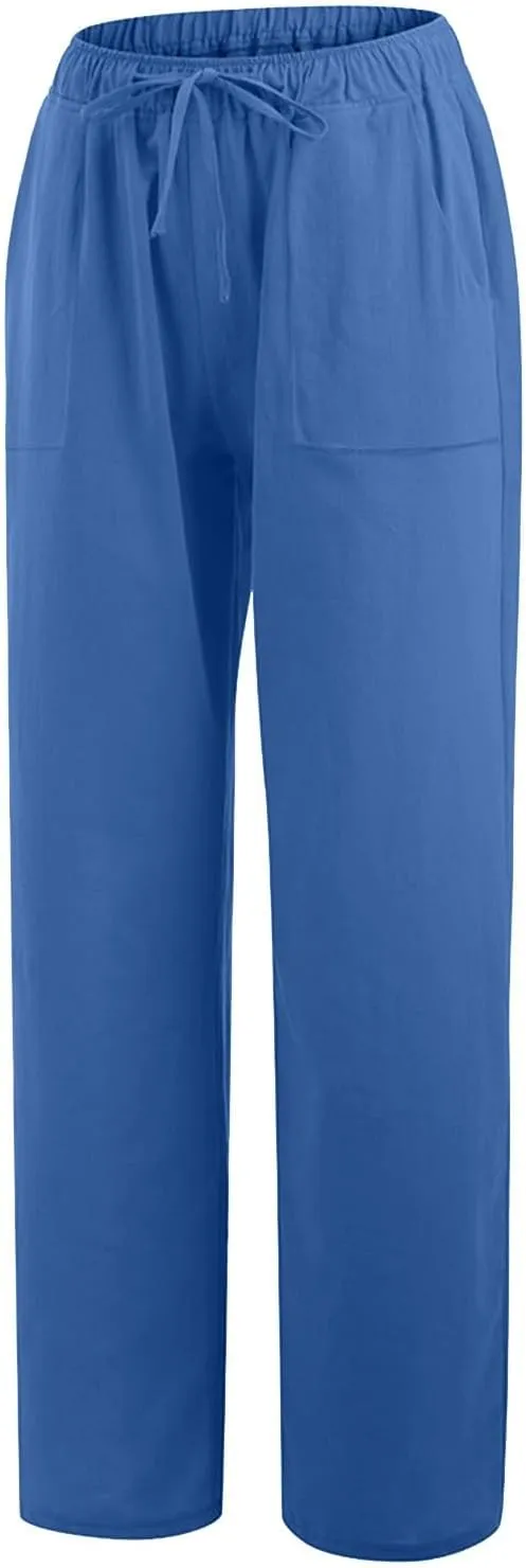 Wide Leg Linen Pants Women Casual Summer Elastic Waist Loose Palazzo Trousers Flowy Beach Lounge Pants with Pockets