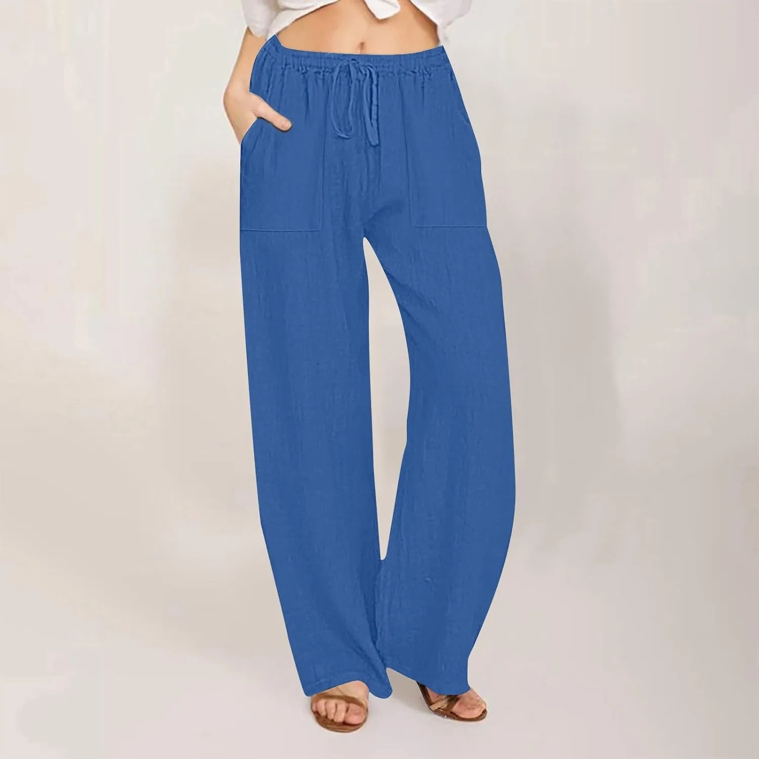 Wide Leg Linen Pants Women Casual Summer Elastic Waist Loose Palazzo Trousers Flowy Beach Lounge Pants with Pockets