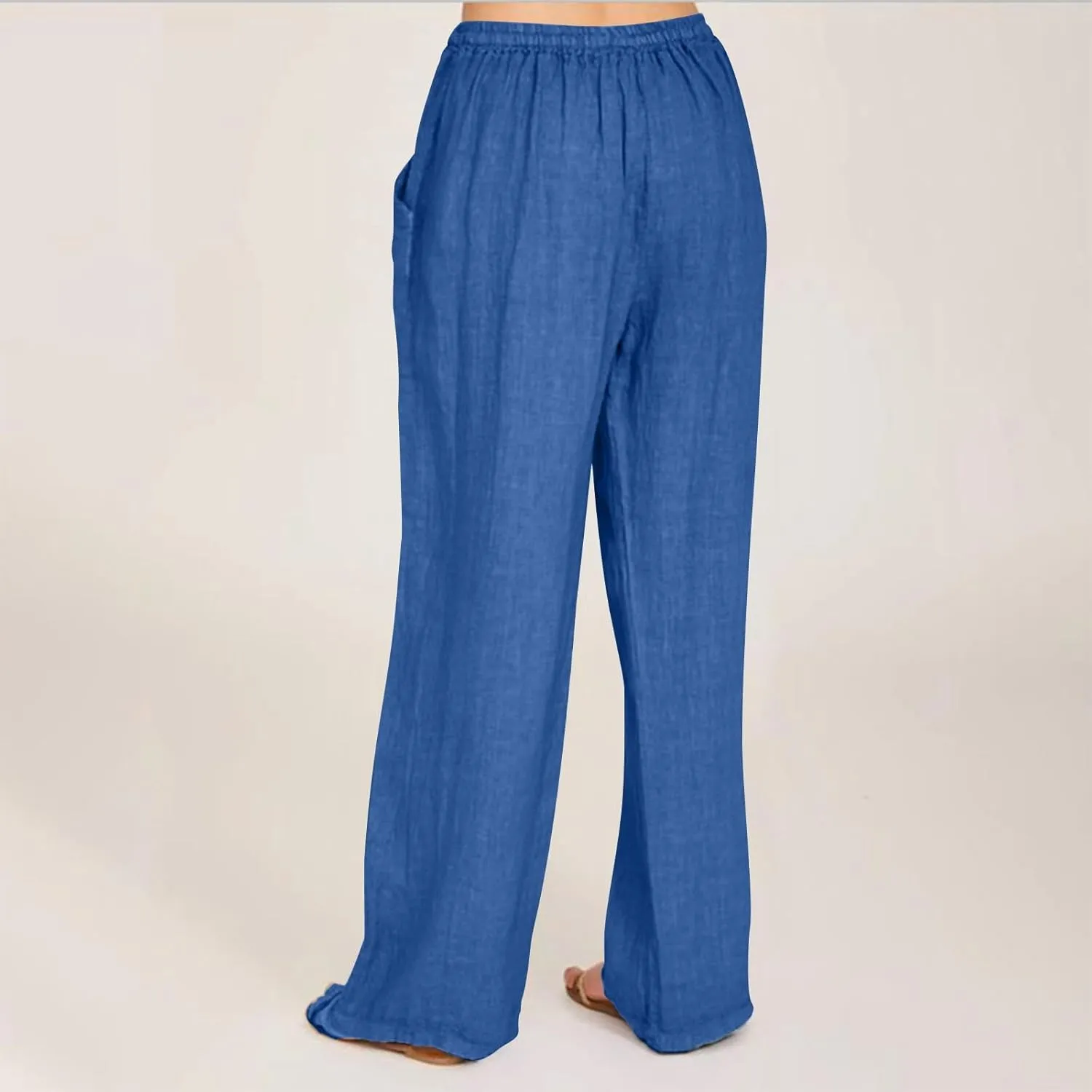 Wide Leg Linen Pants Women Casual Summer Elastic Waist Loose Palazzo Trousers Flowy Beach Lounge Pants with Pockets