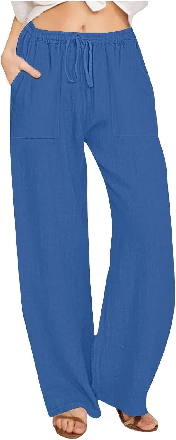 Wide Leg Linen Pants Women Casual Summer Elastic Waist Loose Palazzo Trousers Flowy Beach Lounge Pants with Pockets
