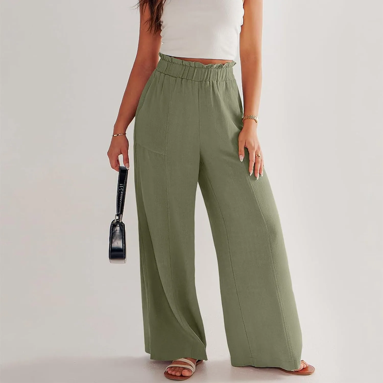 Wide Leg Palazzo Pants for Women Casual Loose High Waisted Summer Beach Pants Comfy Soft Dress Pant with Pockets