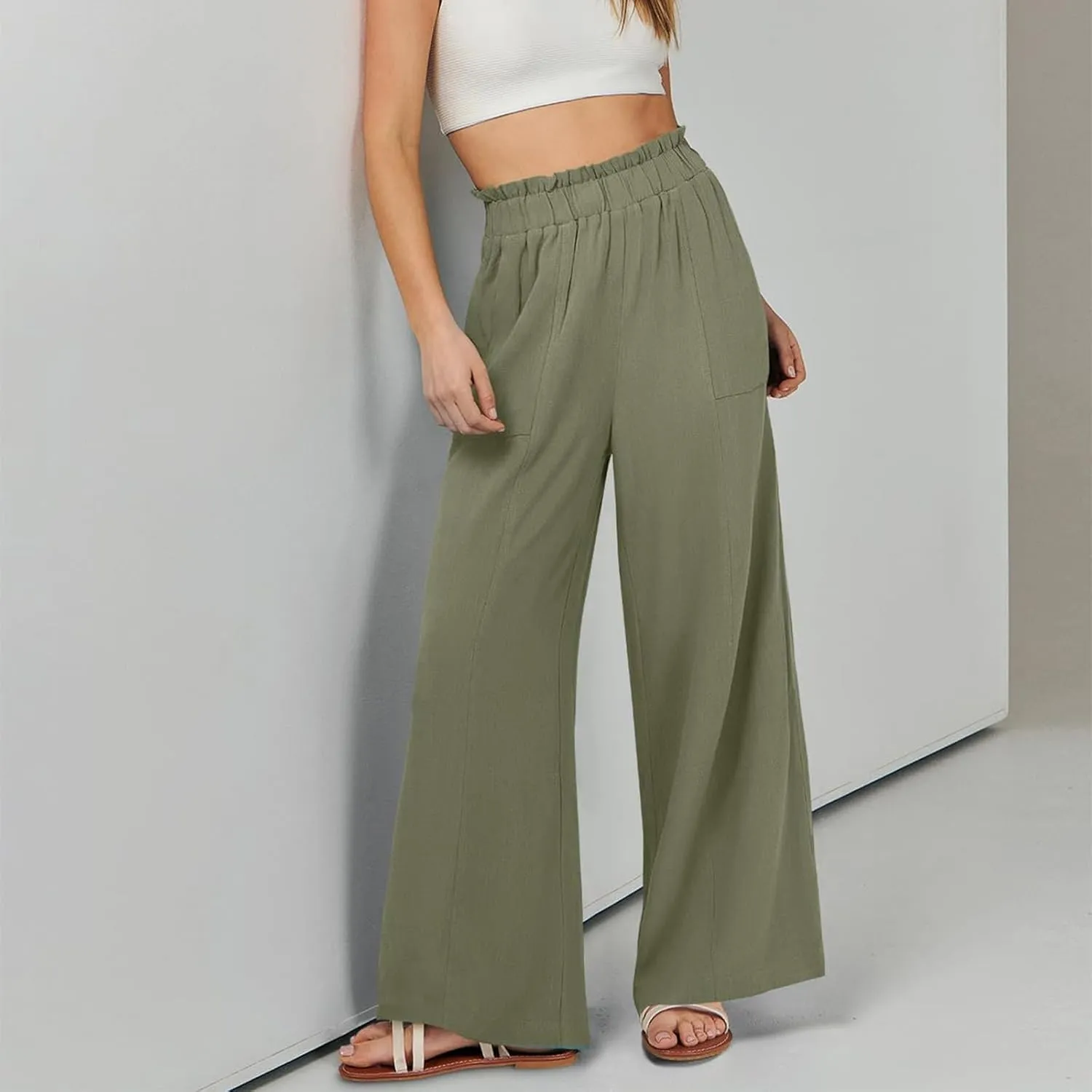 Wide Leg Palazzo Pants for Women Casual Loose High Waisted Summer Beach Pants Comfy Soft Dress Pant with Pockets