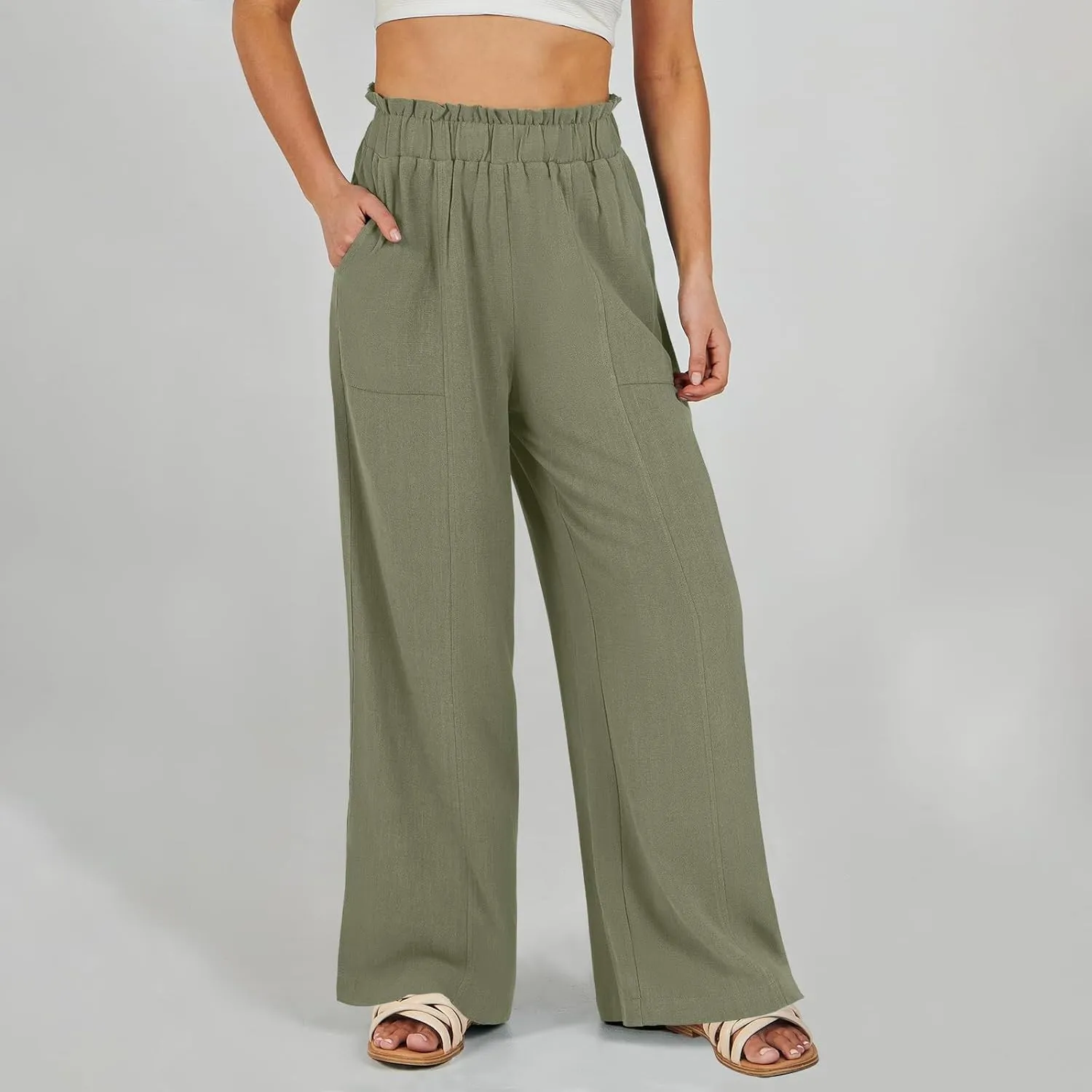 Wide Leg Palazzo Pants for Women Casual Loose High Waisted Summer Beach Pants Comfy Soft Dress Pant with Pockets