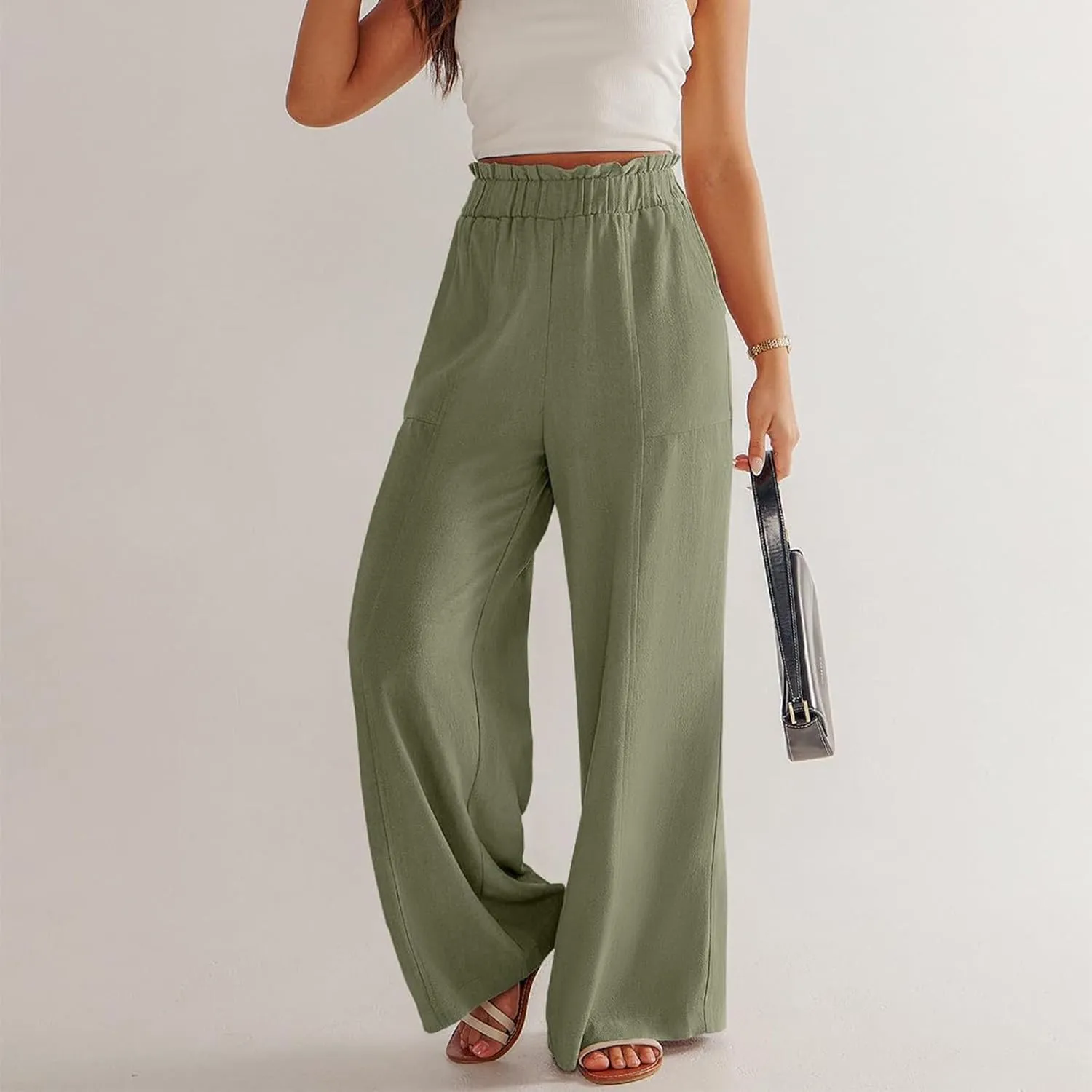 Wide Leg Palazzo Pants for Women Casual Loose High Waisted Summer Beach Pants Comfy Soft Dress Pant with Pockets