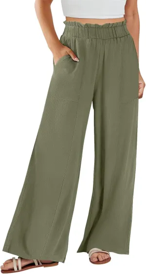 Wide Leg Palazzo Pants for Women Casual Loose High Waisted Summer Beach Pants Comfy Soft Dress Pant with Pockets