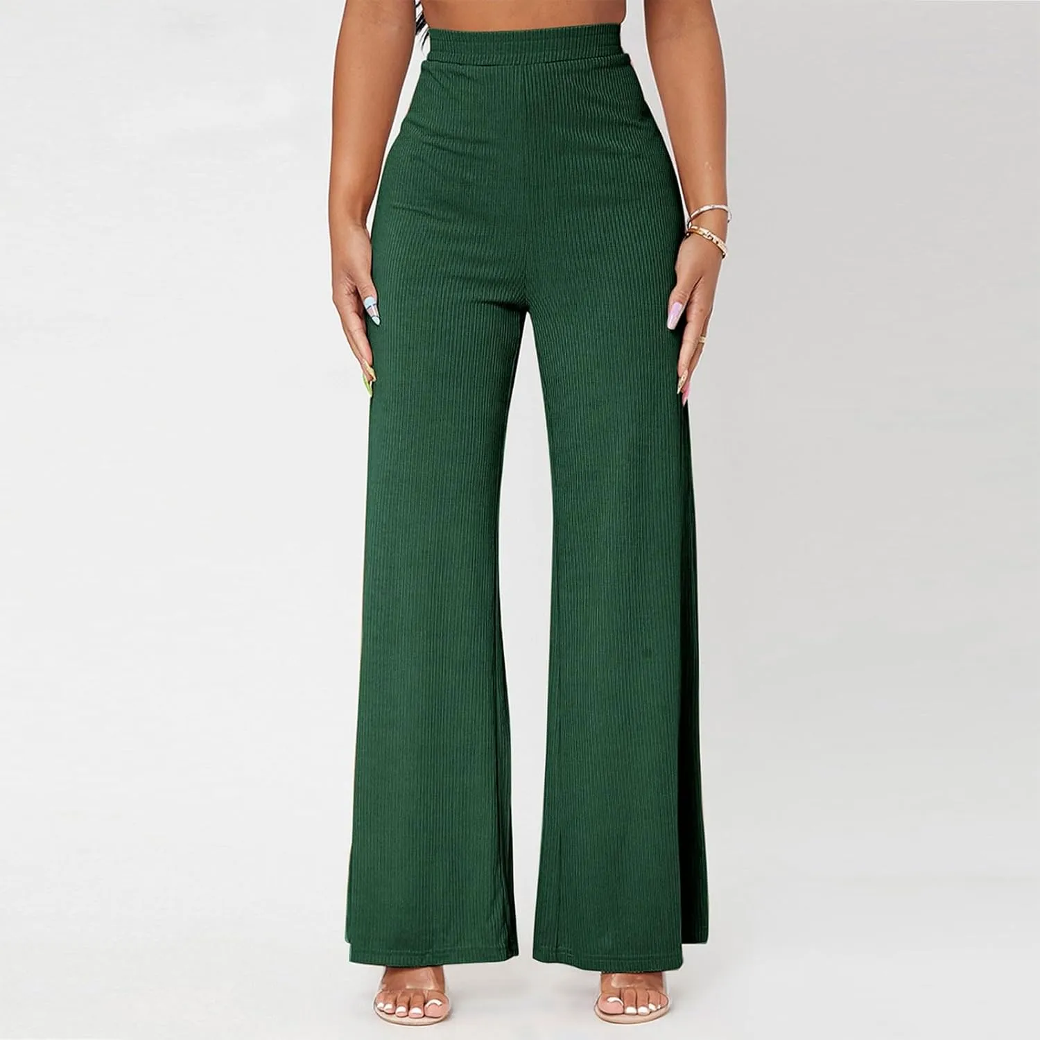 Wide Leg Pants for Women Elastic High Waist Tummy Control Lounge Slacks Solid Color Palazzo Trousers