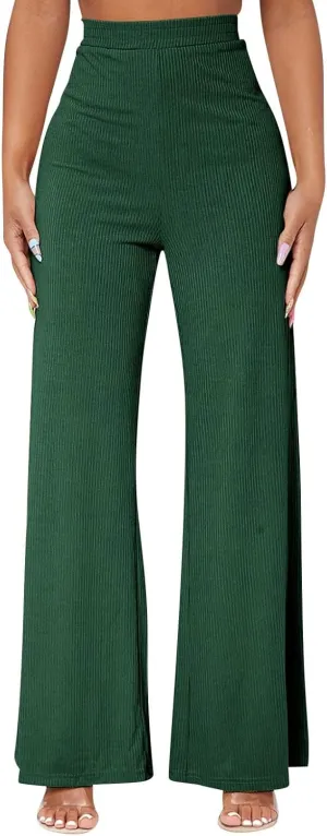 Wide Leg Pants for Women Elastic High Waist Tummy Control Lounge Slacks Solid Color Palazzo Trousers