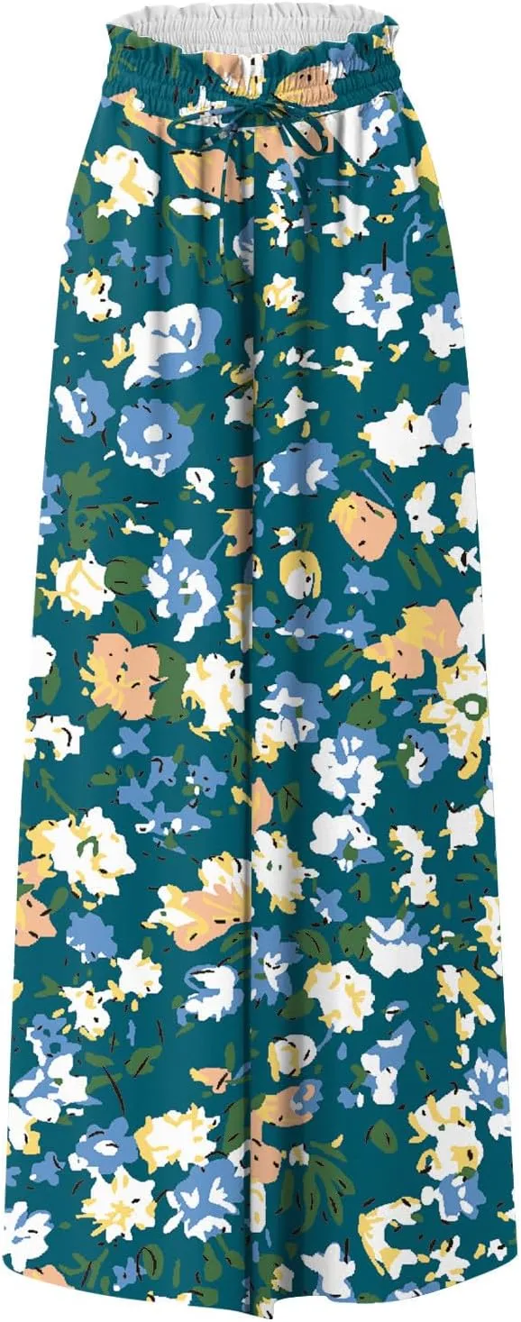 Wide Leg Slacks for Women,Summer Boho Beach Palazzo Pants Floral Print Casual Flowy Loose Lounge Trouser with Pocket