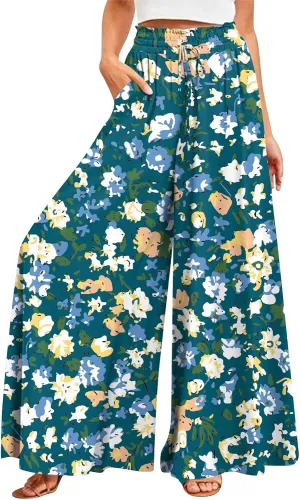 Wide Leg Slacks for Women,Summer Boho Beach Palazzo Pants Floral Print Casual Flowy Loose Lounge Trouser with Pocket
