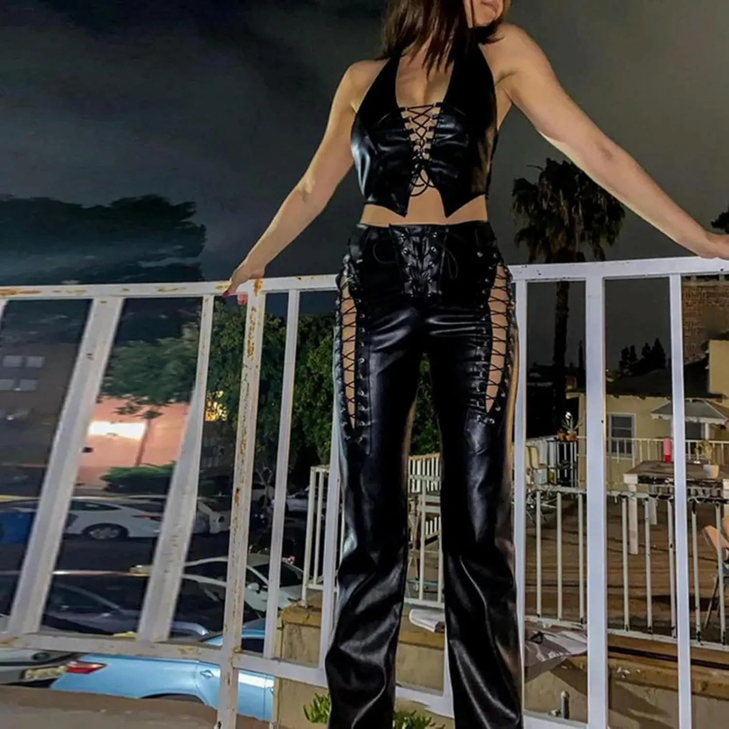 Winter PU Leather Pants Bandage High Waist Skinny Tights Pencil Pants Women Trousers Streetwear 8 Colors-Black-S