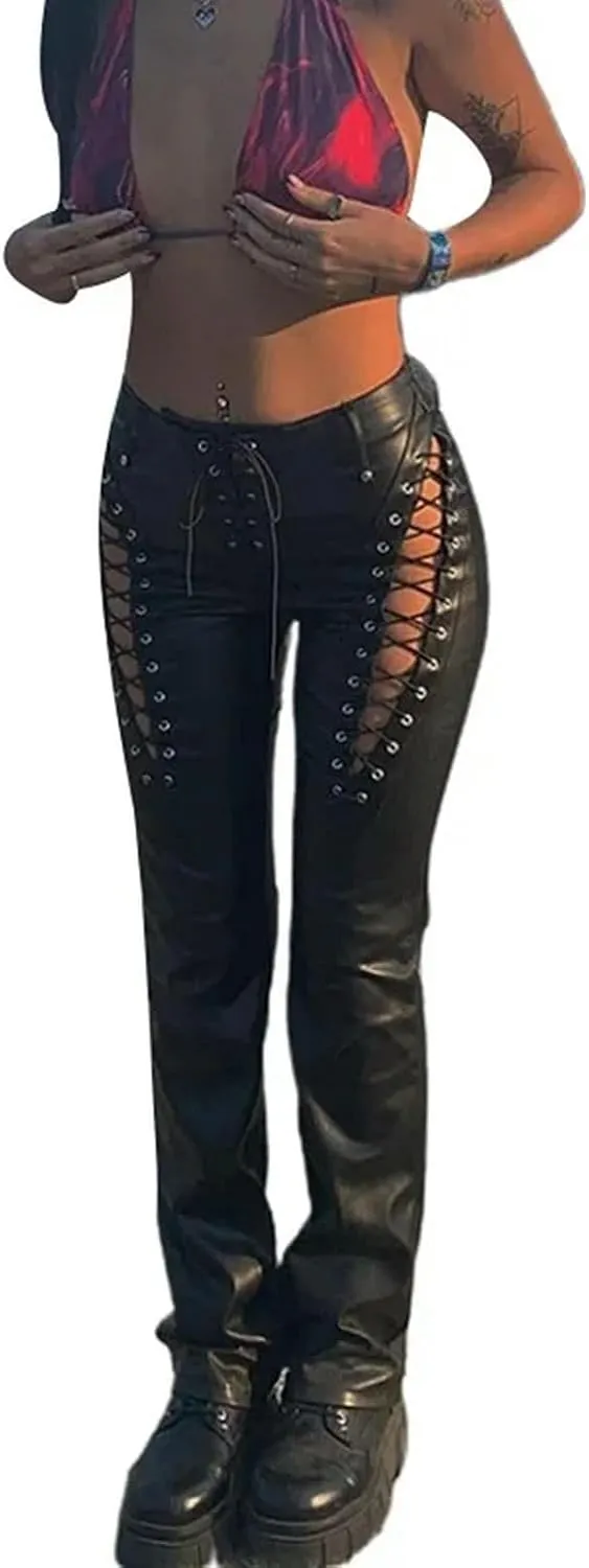 Winter PU Leather Pants Bandage High Waist Skinny Tights Pencil Pants Women Trousers Streetwear 8 Colors-Black-S