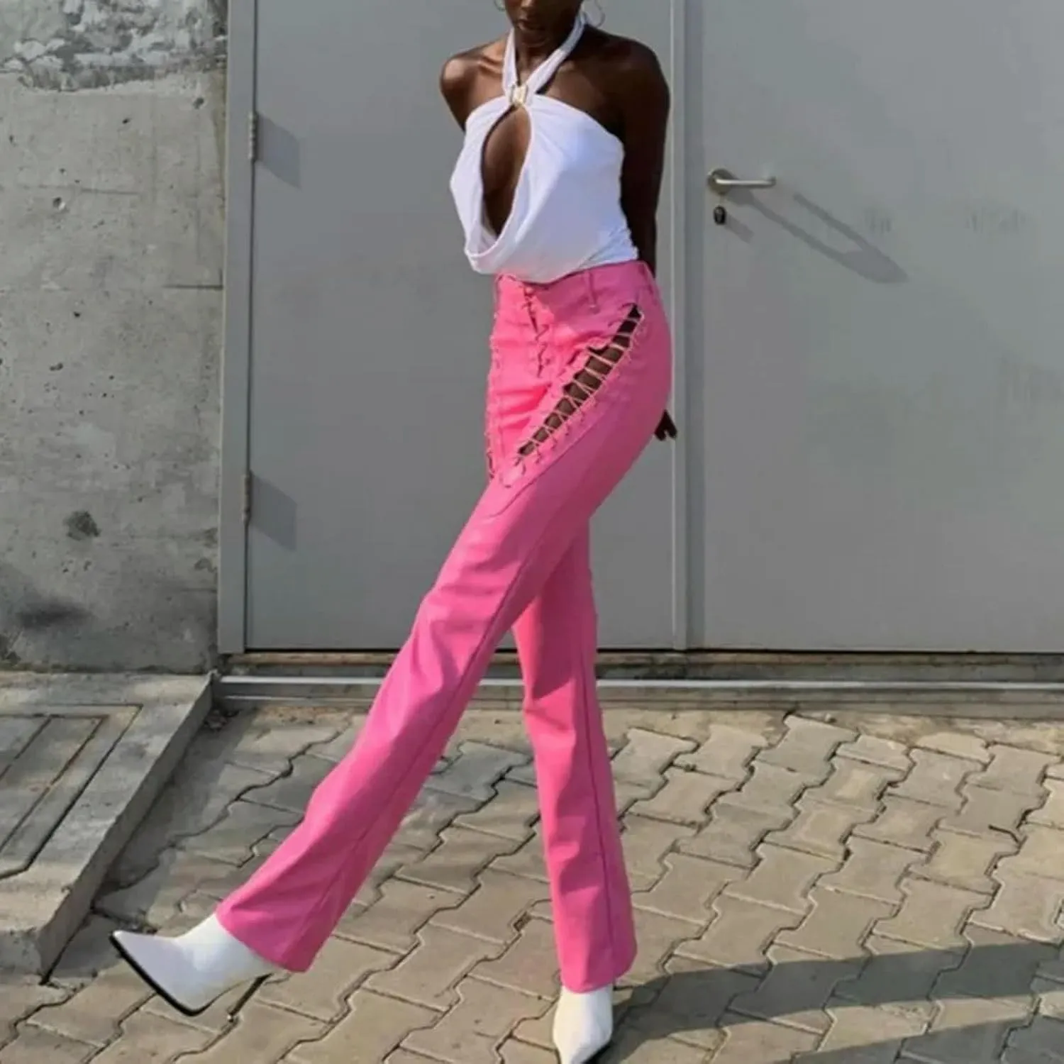 Winter PU Leather Pants Bandage High Waist Skinny Tights Pencil Pants Women Trousers Streetwear 8 Colors-Black-S