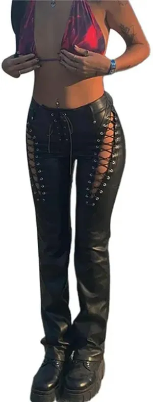 Winter PU Leather Pants Bandage High Waist Skinny Tights Pencil Pants Women Trousers Streetwear 8 Colors-Black-S