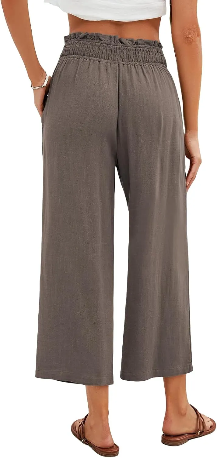 Women Capri Pants High Waisted Wide Leg Linen Palazzo Trousers Casual Loose Flowy Smock Waist Pants with Pockets