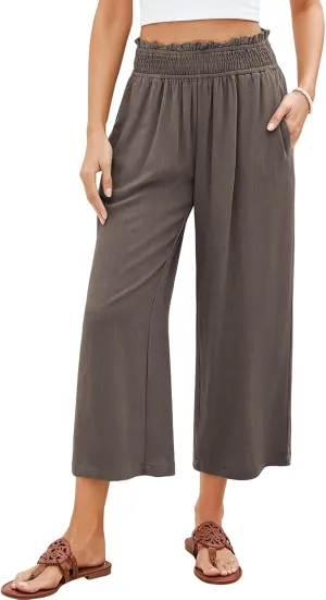 Women Capri Pants High Waisted Wide Leg Linen Palazzo Trousers Casual Loose Flowy Smock Waist Pants with Pockets