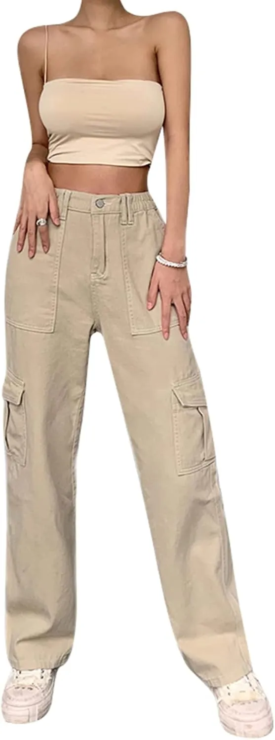 Women Casual Cargo Pants, Solid Color High Waist Straight Wide Leg Pants with Pockets Trendy Baggy Trousers