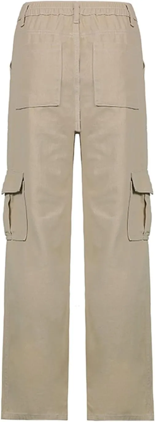 Women Casual Cargo Pants, Solid Color High Waist Straight Wide Leg Pants with Pockets Trendy Baggy Trousers