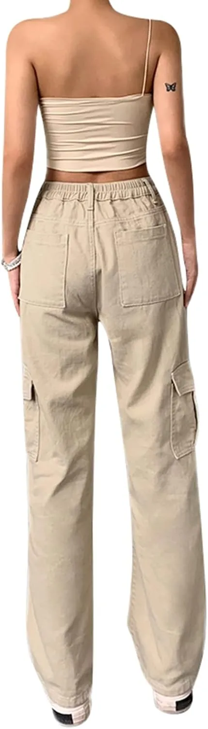 Women Casual Cargo Pants, Solid Color High Waist Straight Wide Leg Pants with Pockets Trendy Baggy Trousers