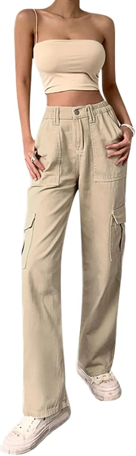 Women Casual Cargo Pants, Solid Color High Waist Straight Wide Leg Pants with Pockets Trendy Baggy Trousers