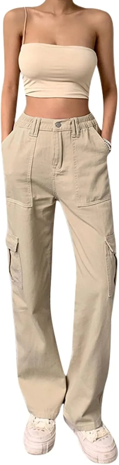 Women Casual Cargo Pants, Solid Color High Waist Straight Wide Leg Pants with Pockets Trendy Baggy Trousers