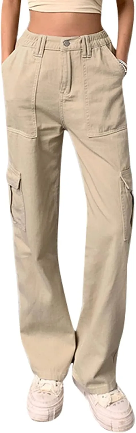 Women Casual Cargo Pants, Solid Color High Waist Straight Wide Leg Pants with Pockets Trendy Baggy Trousers