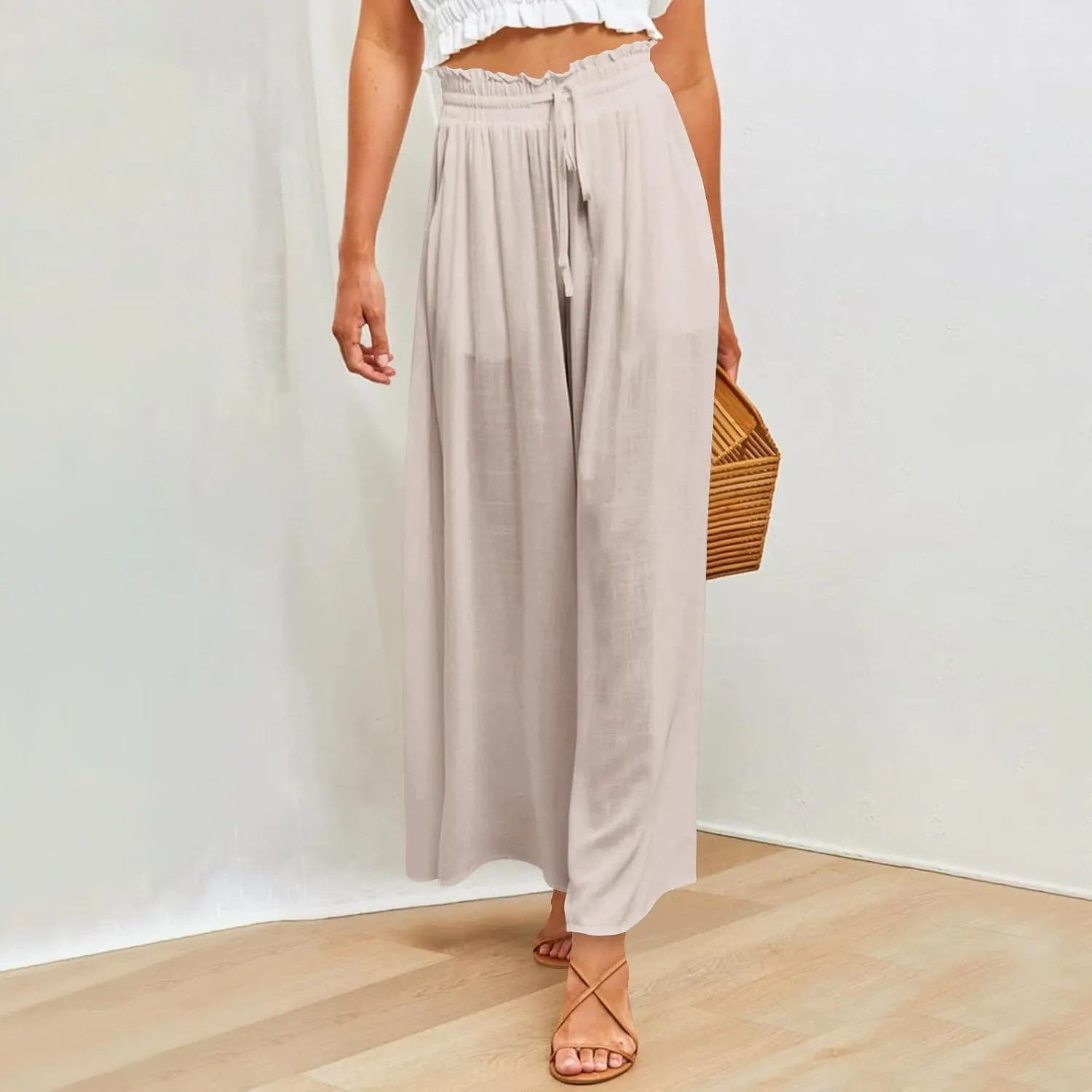 Women Casual High Waist Wide Leg Pants Summer Floral Solid Long Palazzo Pant Lounge Beach Trousers Slacks with Pocket