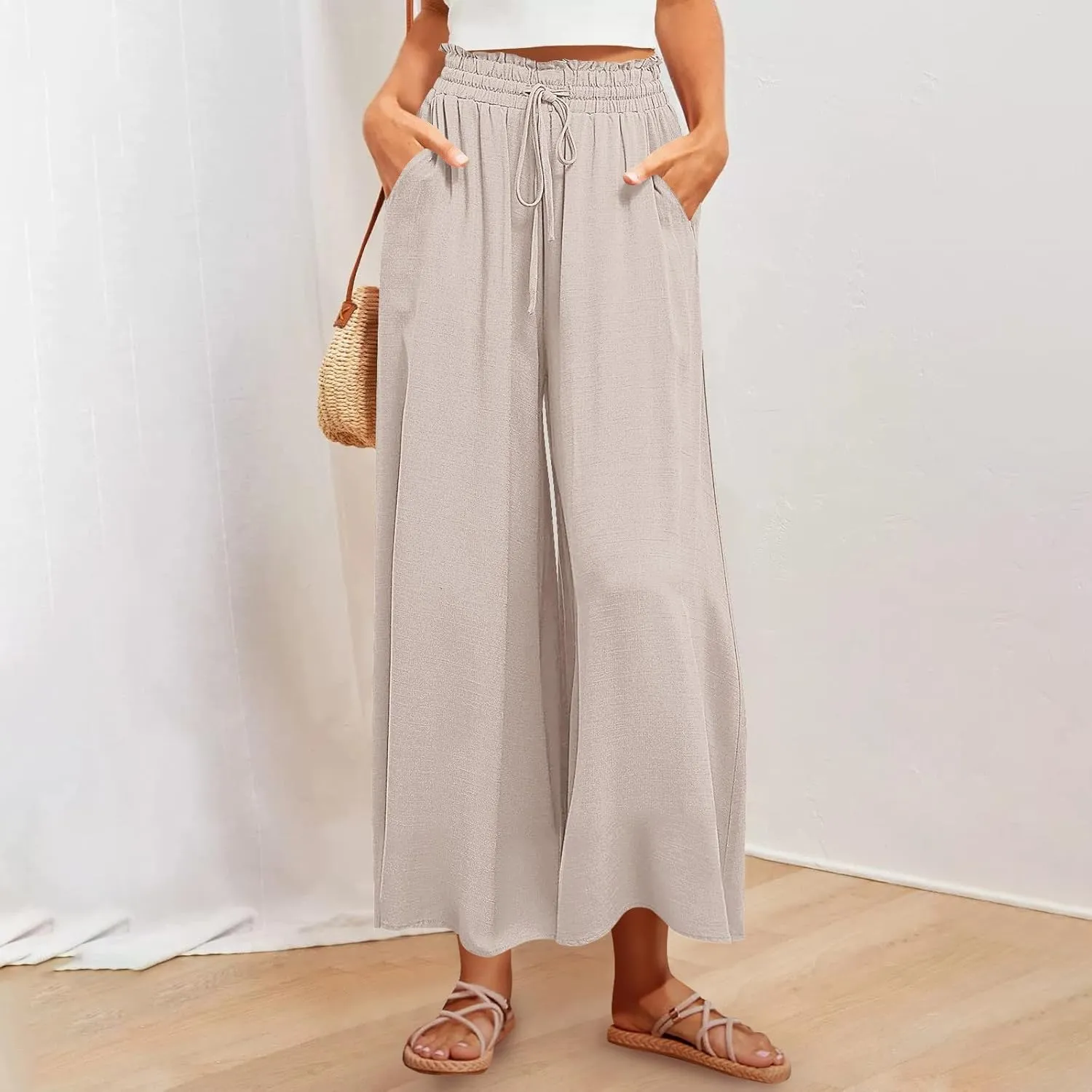 Women Casual High Waist Wide Leg Pants Summer Floral Solid Long Palazzo Pant Lounge Beach Trousers Slacks with Pocket
