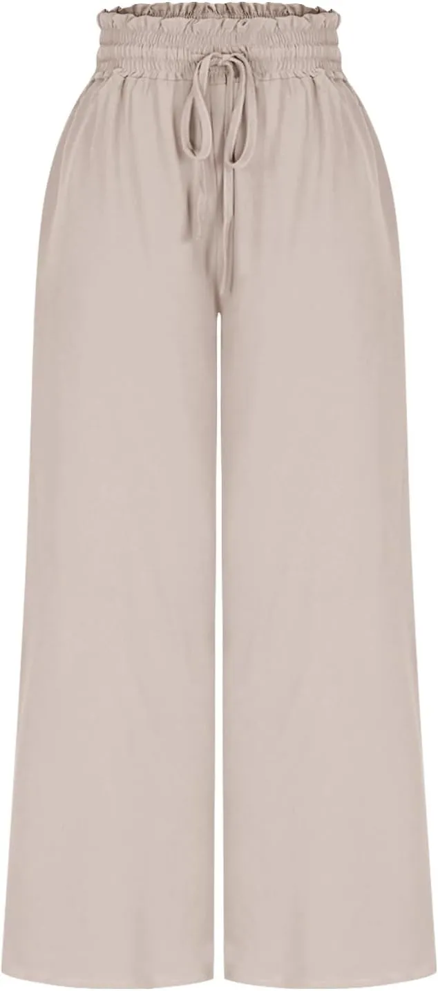 Women Casual High Waist Wide Leg Pants Summer Floral Solid Long Palazzo Pant Lounge Beach Trousers Slacks with Pocket
